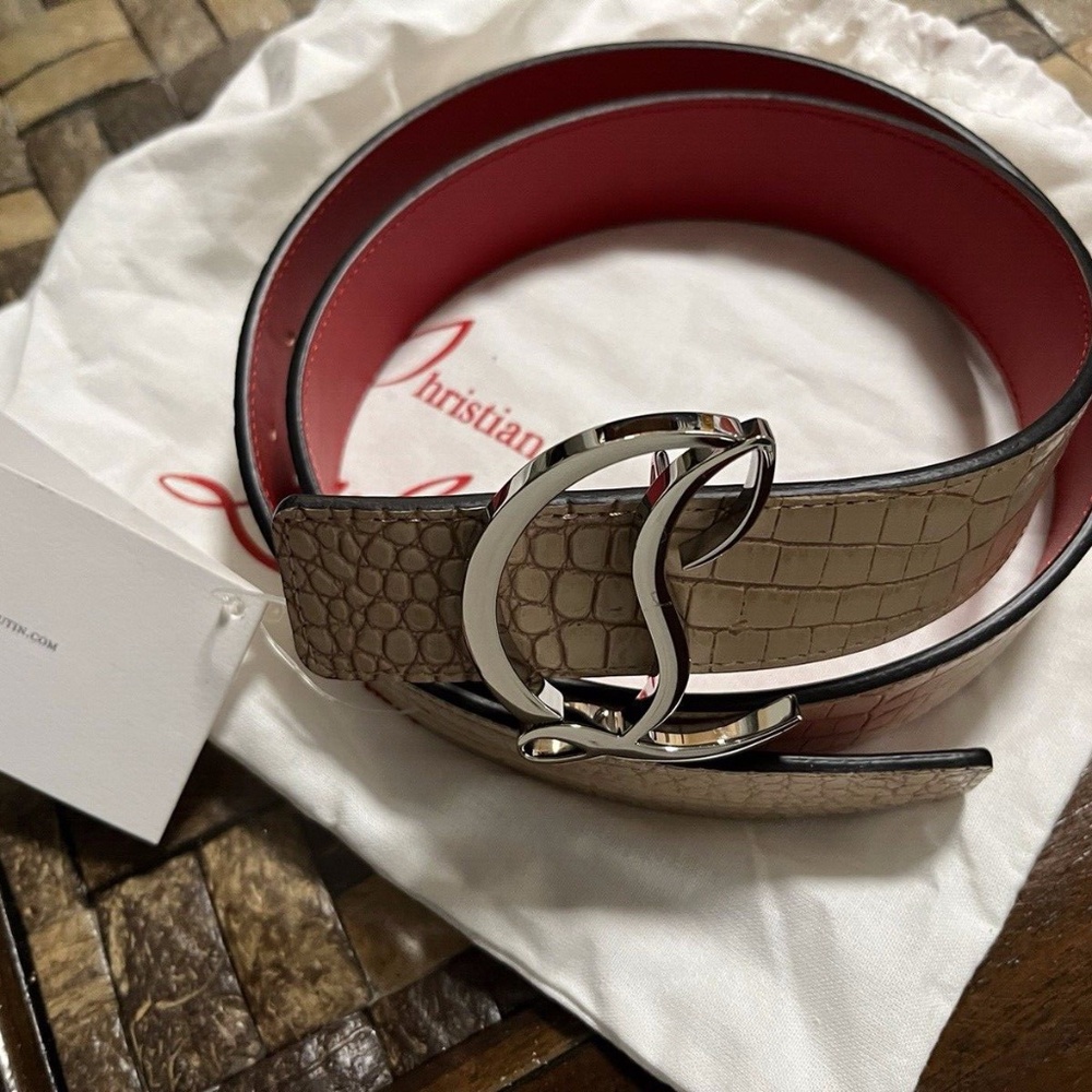 Christian Louboutin CL Logo Croc Embossed Leather Belt Size 90/36